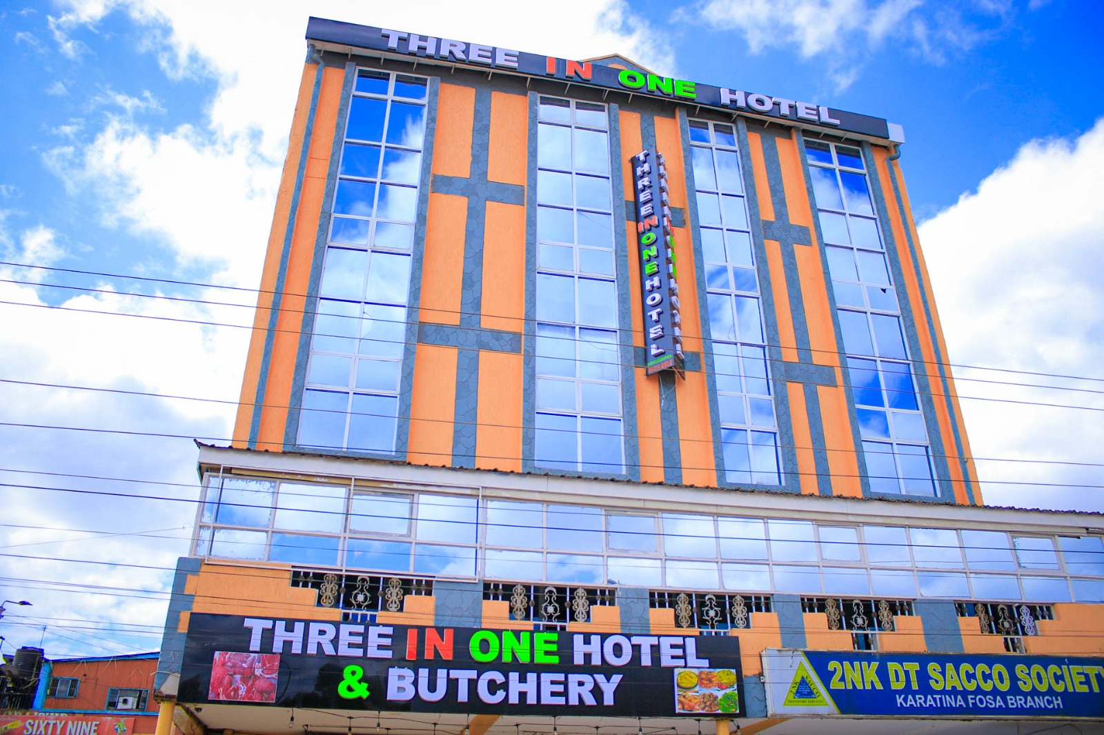 Three In One Hotel and Butchery building and entrance in Karatina
