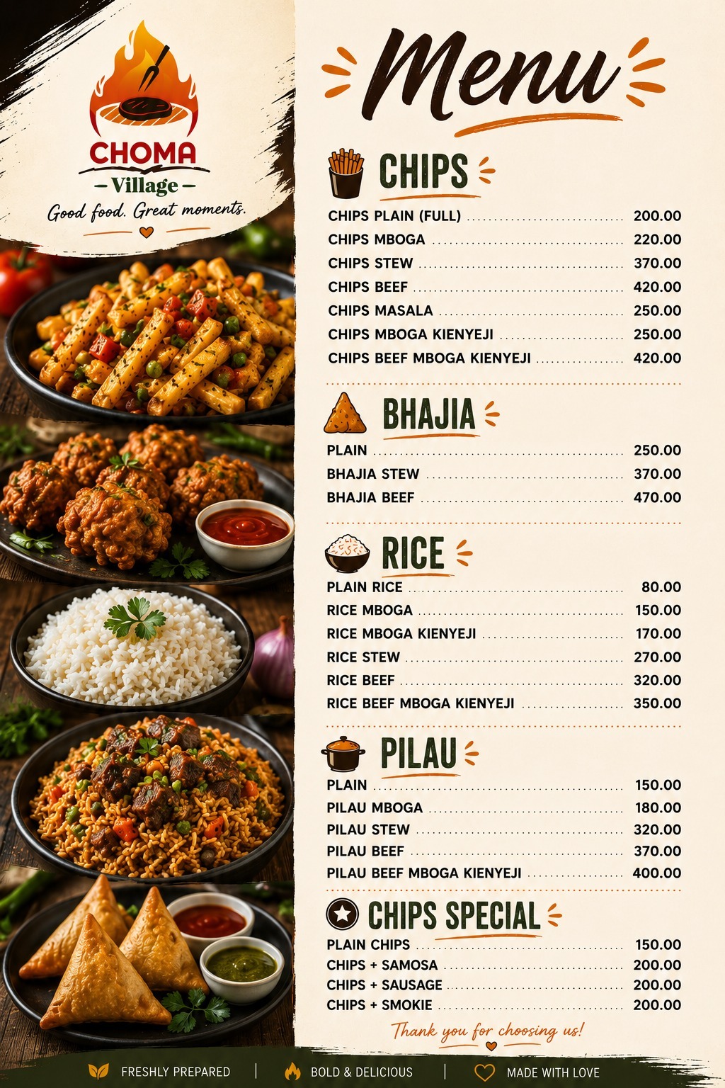 Choma Village chips, bhajia, rice, pilau, and chips special menu with prices
