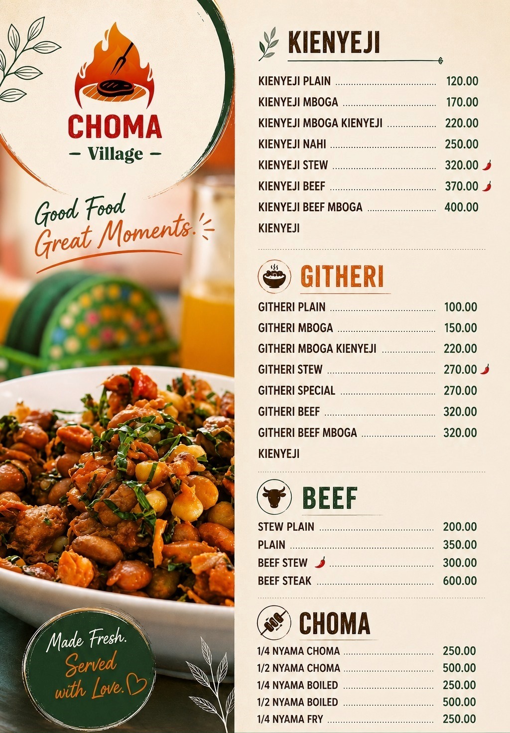 Choma Village kienyeji, githeri, beef, and choma menu with prices