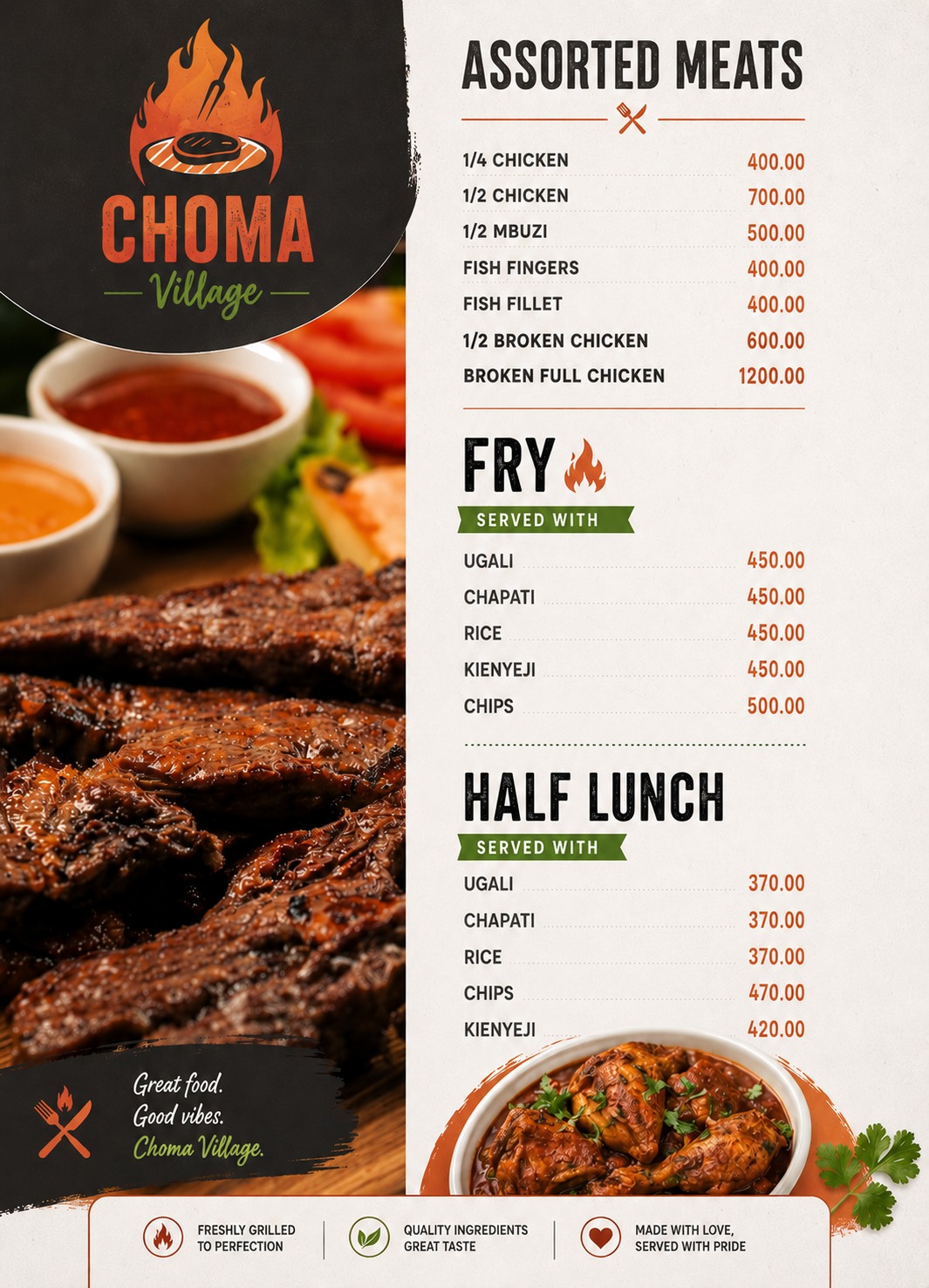 Choma Village assorted meats, fry, and half lunch menu with prices