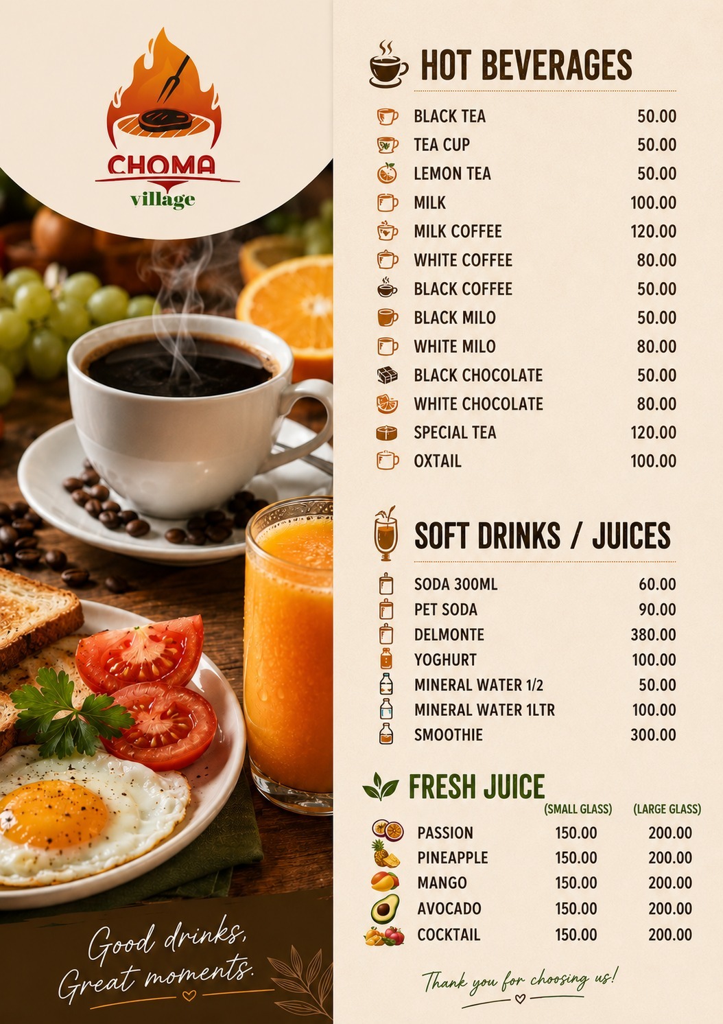 Choma Village hot beverages, soft drinks, and fresh juice menu with prices