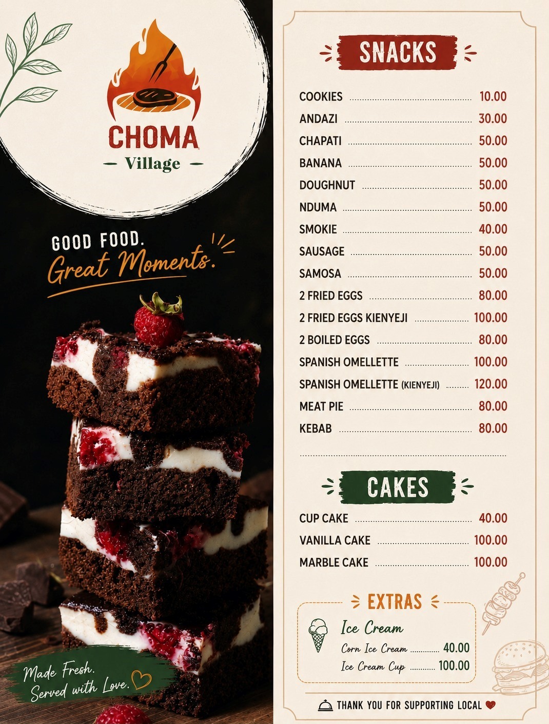 Choma Village snacks, cakes, and ice cream menu with prices