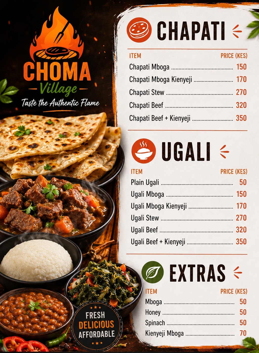 Choma Village chapati, ugali, and extras menu with prices