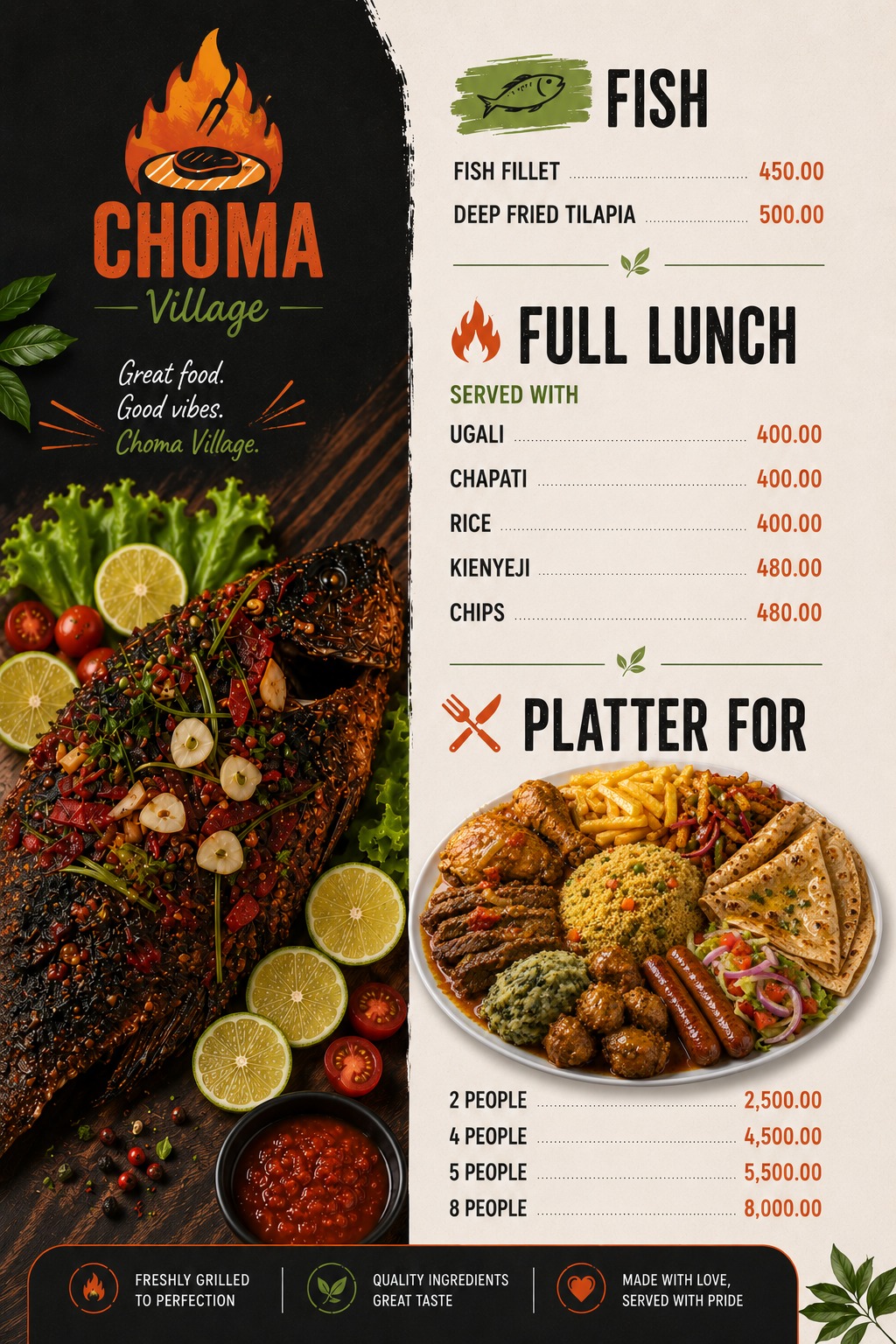 Choma Village fish, full lunch, and sharing platter menu with prices